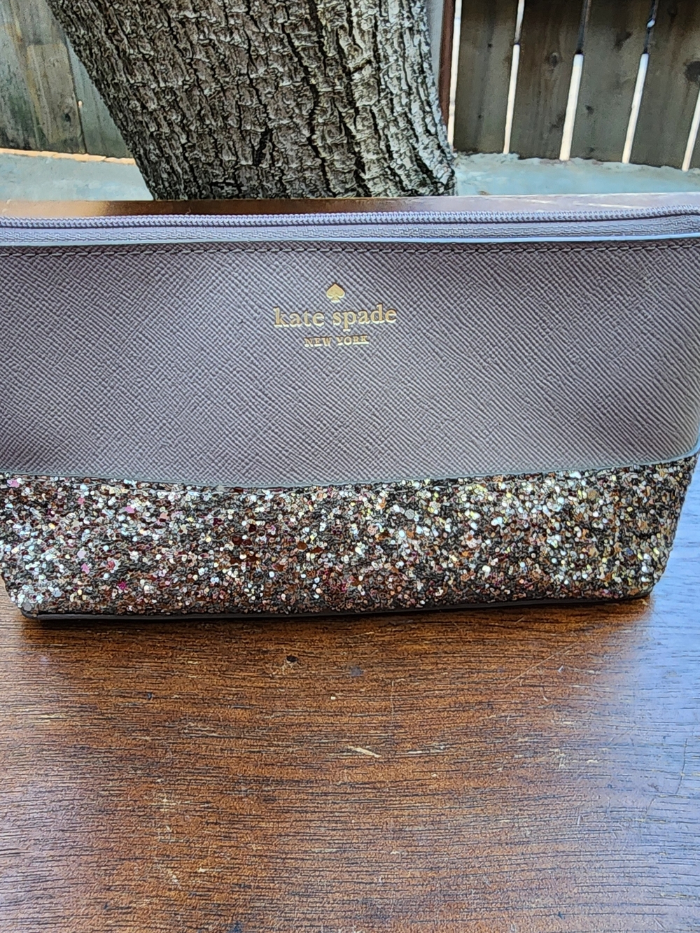 Kate Spade Greta Court Gray Saffiano Leather Glitter Pouch Makeup Bag Clutch